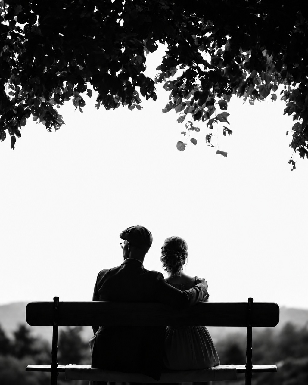A couple sitting together on a bench beneath a tree